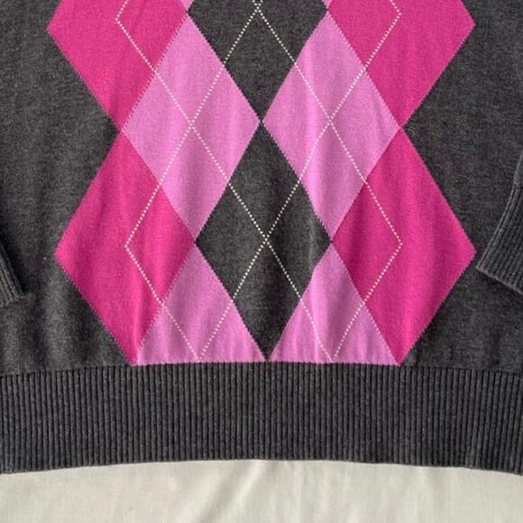 Izod Argyle Womens Sweater Size XXL Gray Pink Vneck Work Preppy Dark Academia - Picture 4 of 13